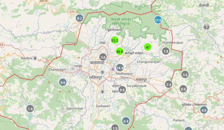 काठमाडौंको उत्तरी क्षेत्रमा मुसलधारे वर्षा