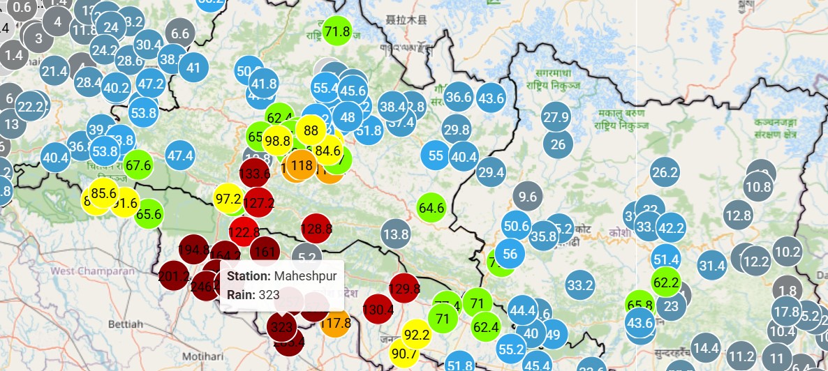 १२ घण्टामा रौतहटको महेशपुरमा तीन सय २३ मिलिमिटर वर्षा